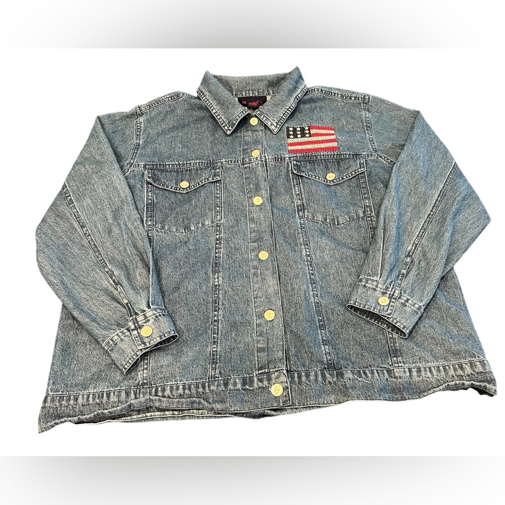 Denim & Co USA Flag Denim Trucker Jacket Womens 1X Patriotic Embroidered EUC